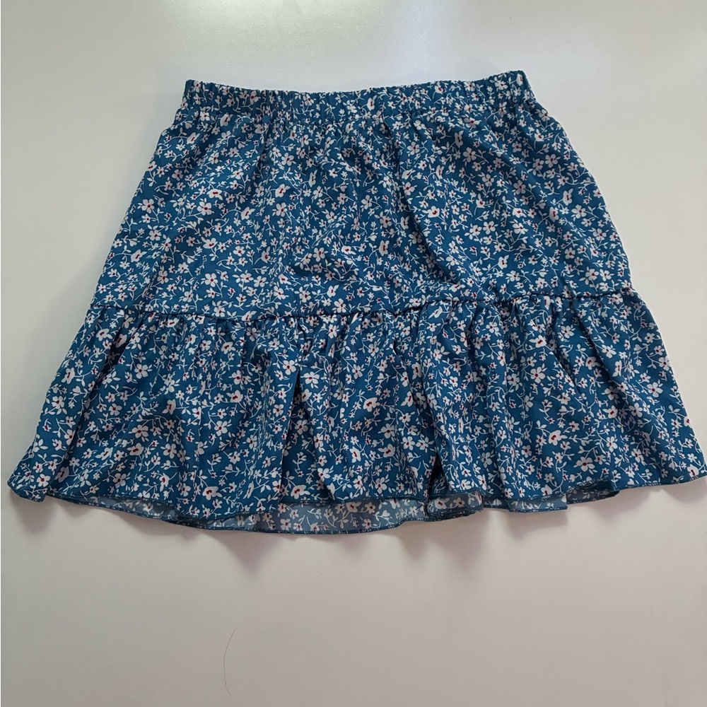 blue floral skirt